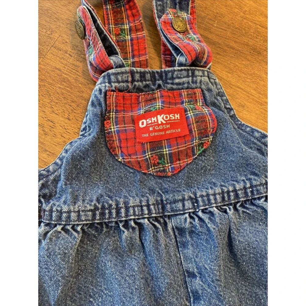 Vintage Oshkosh Bubble Overalls Bibs 24 Months Girls Denim And Red Plaid Floral